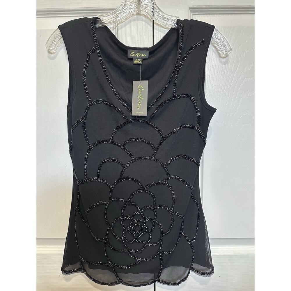 NWT Cartise Black Beaded Sleeveless V-Neck Top Floral Beadwork Size Small